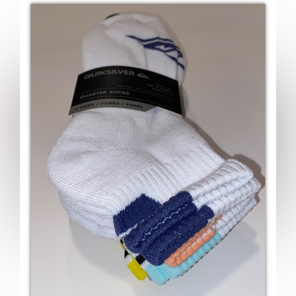 Quicksilver Quarter Socks 5 Pair Men 6-12 White w Multicolor Toe Heel Logo Surf - Picture 10 of 11